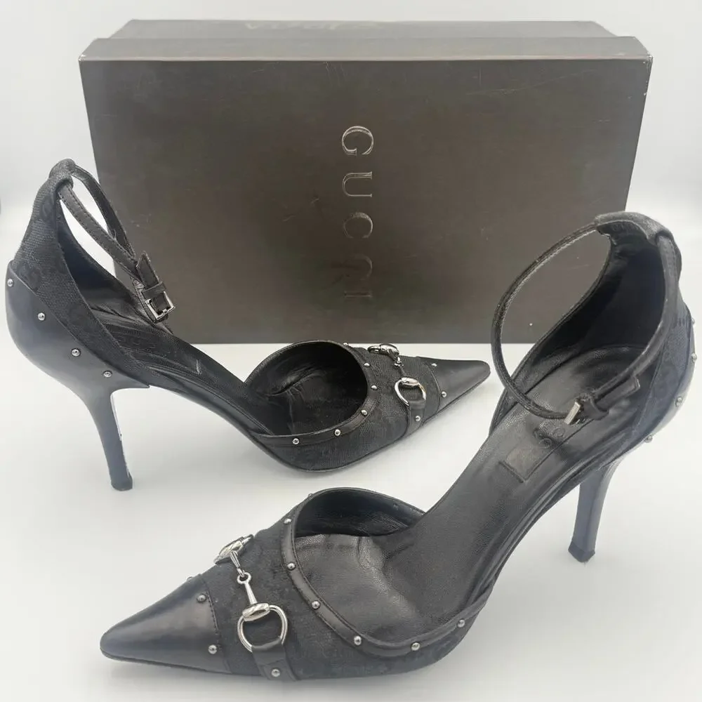 Vintage Gucci Monogram Horse bit Heels with Black Leather Cap Toe and Studs